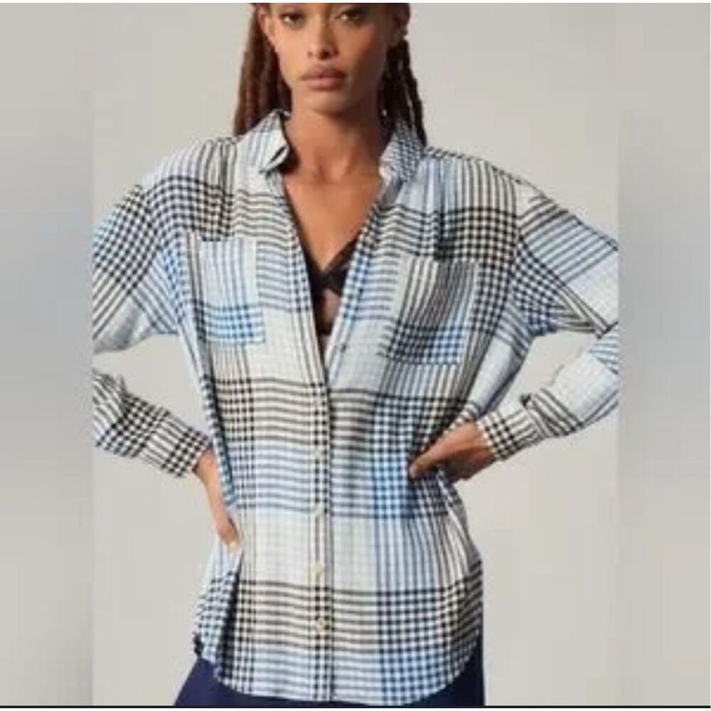 Pilcro Womens Plaid Edition‎ The Hadley Relaxed Buttondown Shirt Blue Black XS